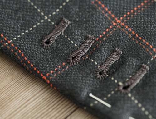 Detailaufnahme von handumsäumten Knopflöchern eines maßgeschneiderten Seidenanzugs